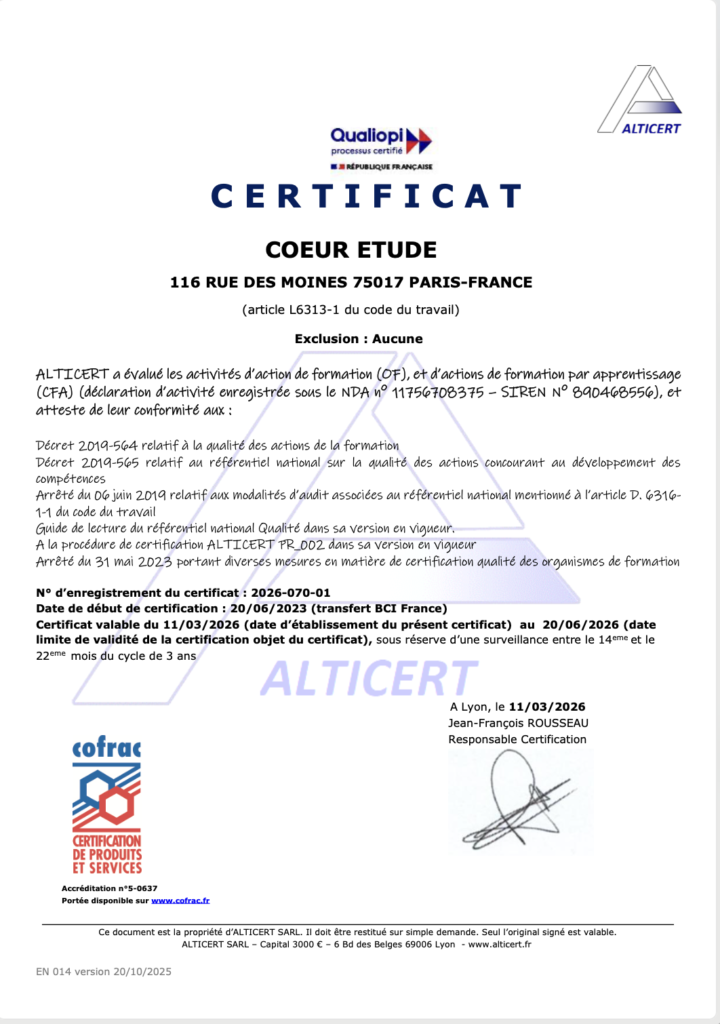 Certificat ALTICERT Qualiopi Coeur Etude